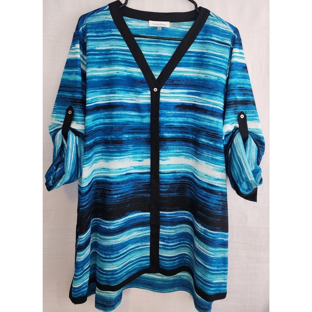 Calvin Klein Top Plus Size 1x-Shades of Blue Button Up Roll Tab Sleeve Blouse